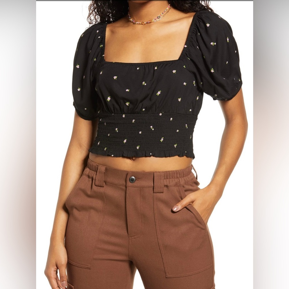Nordstrom- BP. Smock Black Floral Crop Top